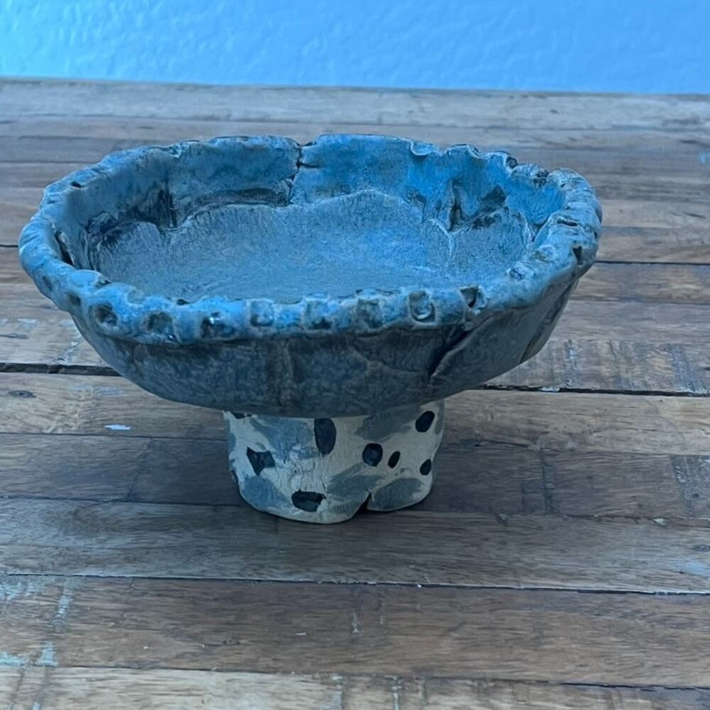 Art Studio Pottery Pedestal Bowl 7" Rustic Textured Brutalist